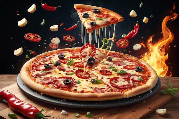 Pepperoni pizza met strakke kaas en heerlijke toppings vliegen uit met vuur en chili