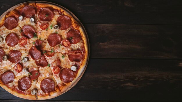 Pepperoni pizza op houten achtergrond bovenaanzicht kopie ruimte