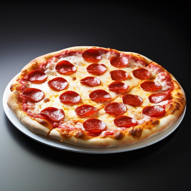 A pepperoni pizza on a plate with a black background.