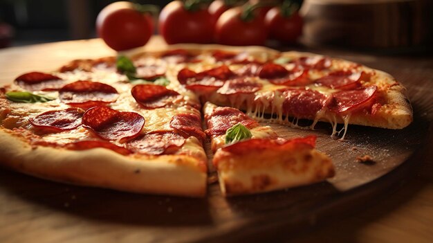 Pepperoni pizza slice on wooden board