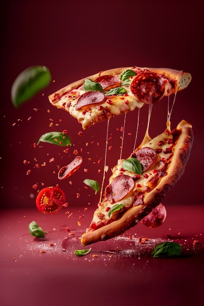 Pepperoni pizza vliegt in de lucht op een rode achtergrond