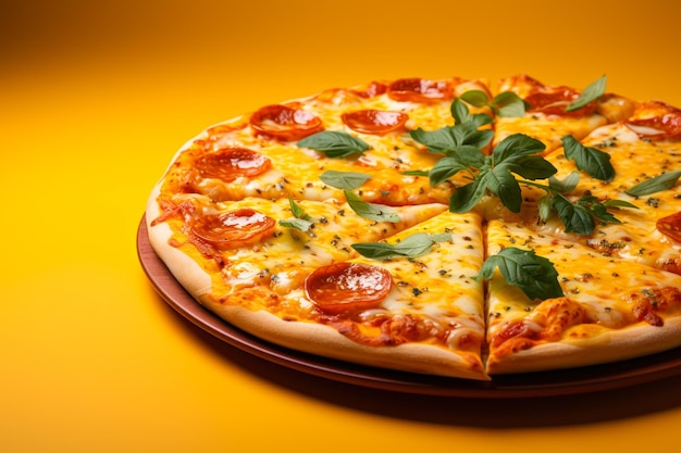Pepperoni Pizza with Basil on Yellow Background