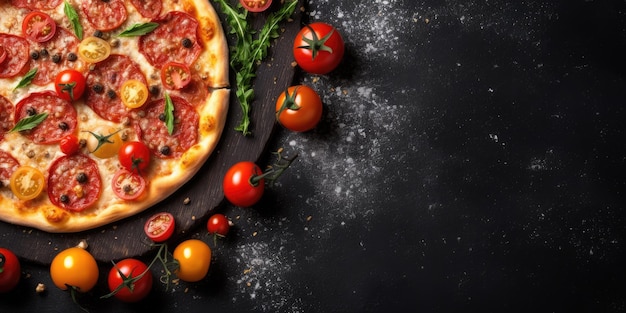 Photo pepperoni pizza with cherry tomatoes on black background with empty space ai