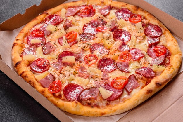 Pepperoni Pizza with Mozzarella cheese, salami, ham. Italian pizza