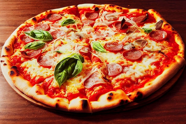 Пицца Пепперони с салями из сыра Моцарелла Помидоры перец Специи и свежий базилик Итальянская пицца