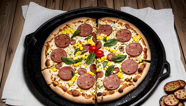 Pepperoni pizza with mushroom sausages bell pepper olive and corn on black wooden