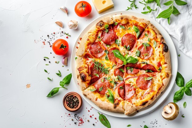 Photo pepperoni pizza with olives cheese green onions with ingredients on a white background top view