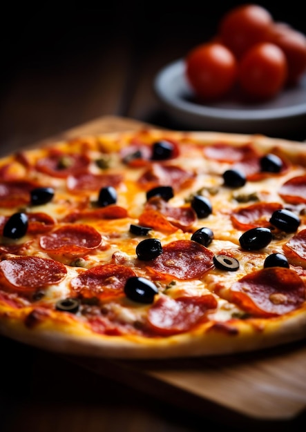 A pepperoni pizza with olives and tomatoes on a wooden table.