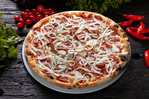 Pepperoni pizza with onions