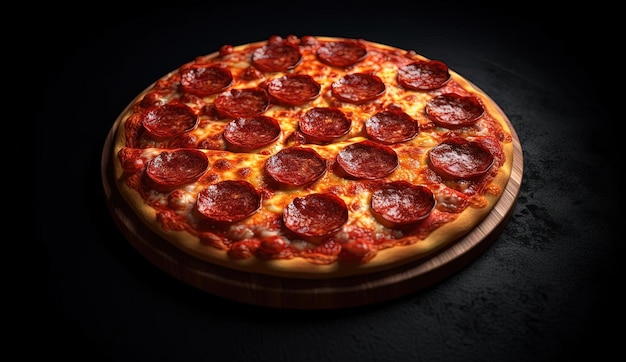 a pepperoni pizza with pepperoni slices on a dark background