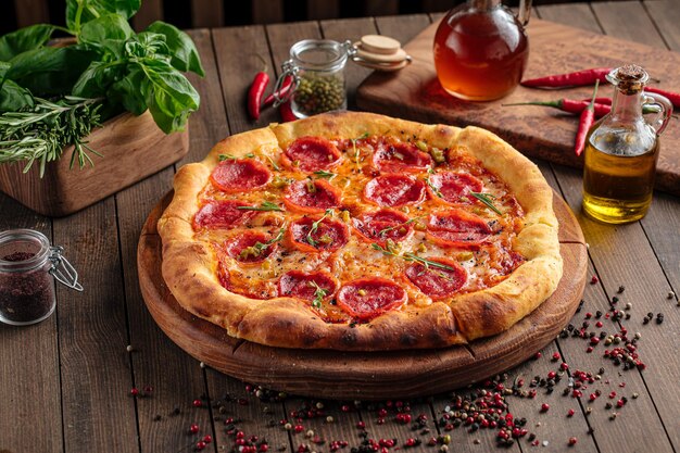 Pepperoni pizza with spicy salami and herbs