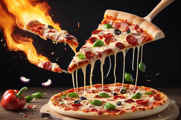 Foto pizza al pepperoni con formaggio filoso e deliziosi condimenti che volano fuori con fuoco e peperoncino