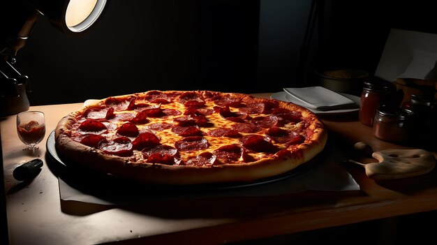 A pepperoni pizza on a wooden board