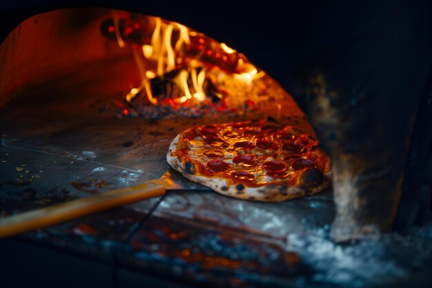 Pepperoni pizza in a woodfired oven on the flame