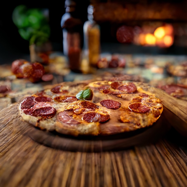 Pepperonispizza op Bruin hout Illustratie Generatieve AI