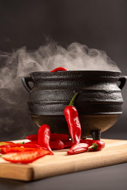 Peppers beautiful red peppers and a cauldron with smoke over rustic wood selective focus