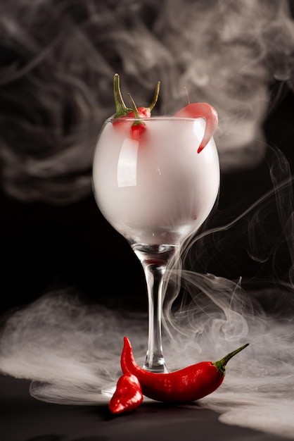 Peppers beautiful red peppers in detail inside a cup with smoke black background selective focus