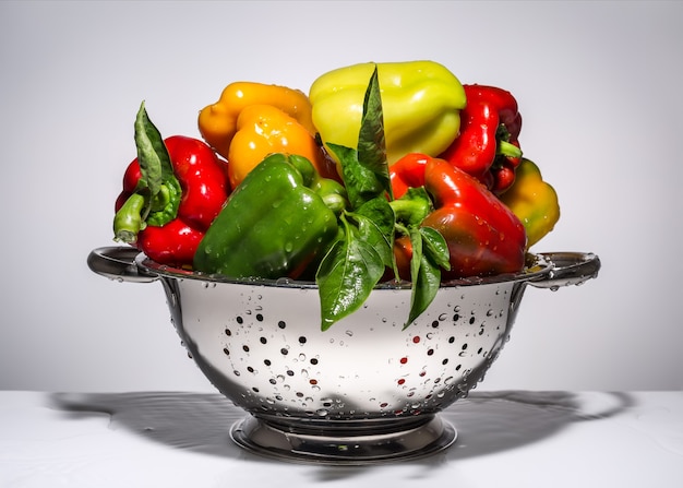 Peppers of different colors in a colander