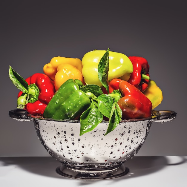 Peppers of different colors in a colander