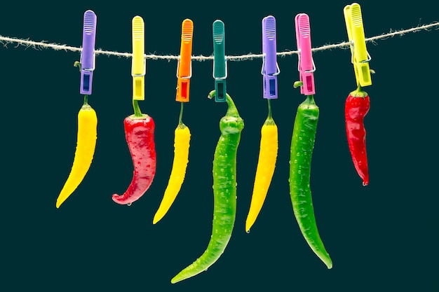 Peppers hanging on clothespins. Vegetable vitamin food. Colored hot chili