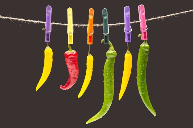 Peppers hanging on clothespins. Vegetable vitamin food. Colored hot chili