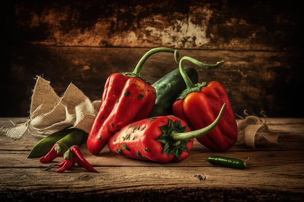 Peppers in red heat sitting on a worn wooden table