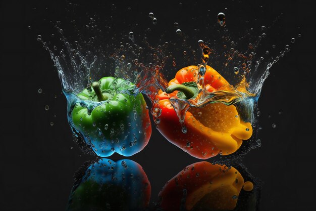 Photo peppers vegetables splash isolated on black background