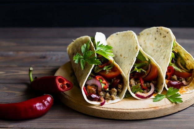 Tacos messicani pepati, con carne macinata, peperoncino e verdure fresche. cibo di strada tradizionale.