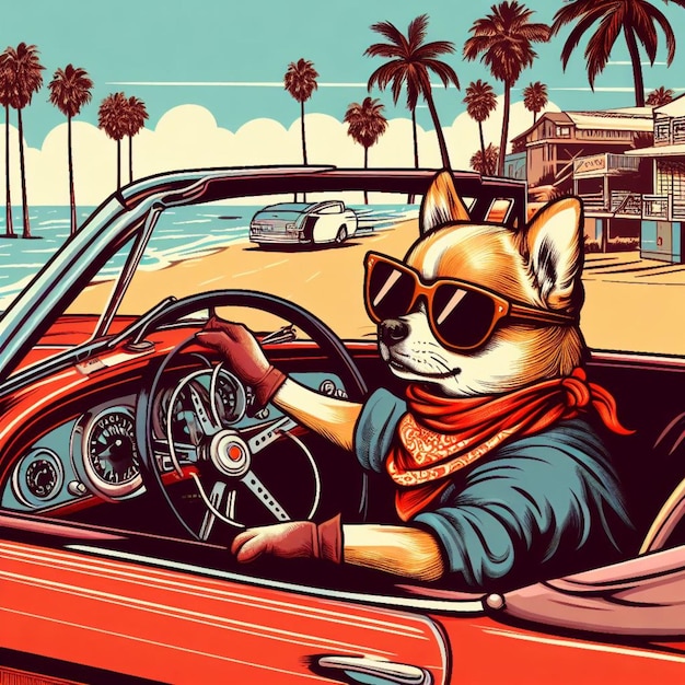 캘리포니아 재미있는 그림에서 카브리올레 자동차를 운전하는 치와와 강아지 페포