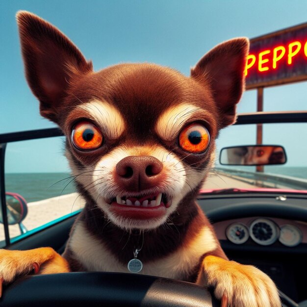 Peppo the chihuahua dog driving a cabriolet car in california funny illustration