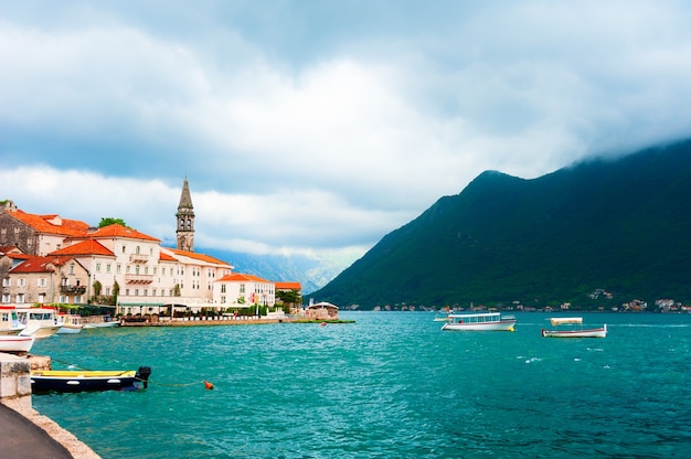 Perast town in Kotor bay, Montenegro. Beautiful summer landscape. Famous travel destination.