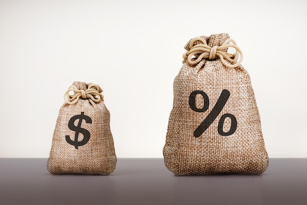 Percent growth concept. Bag with dollars and  bag with percent sign on the table.