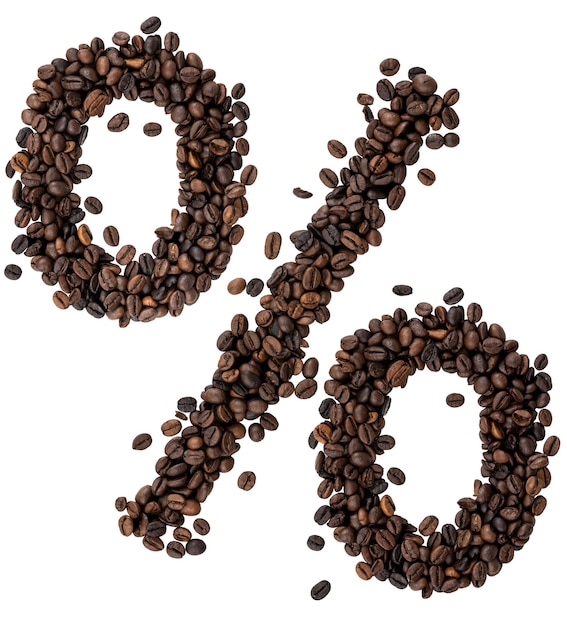 Percent sign made from scattered coffee beans on a transparent background