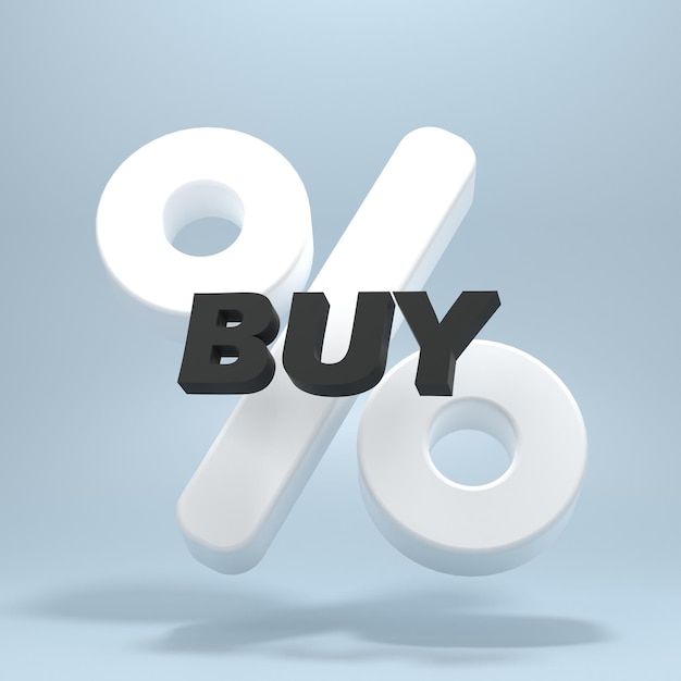 Percent sign with text buy. A call to invest. 3d render