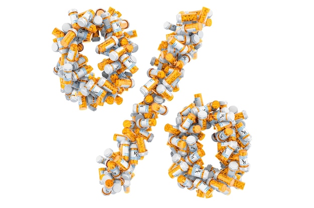 Percent symbol from medical bottles with drugs 3D rendering