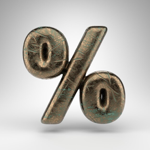 Percent symbol on white background. Bronze 3D rendered sign with oxidized scratched texture.