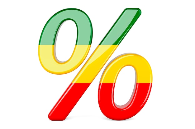 Percent with Rastafarian flag 3D rendering isolated on white background