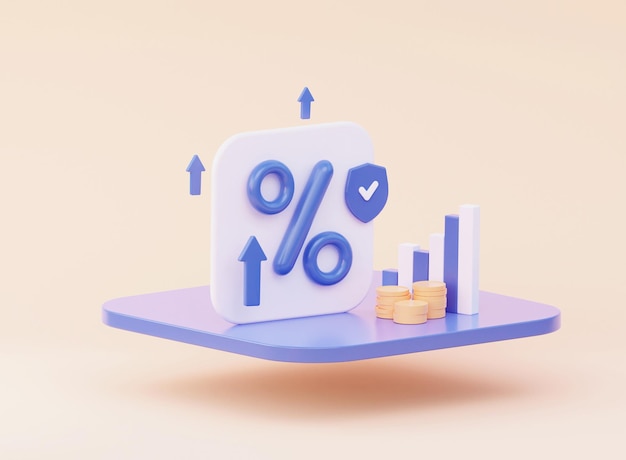 A percentage icon with a growth chart and stacks of coins The concept of protecting the security