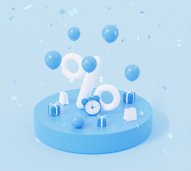 Percentage on the podium with flying balloons and gifts In blue colors 3d rendering