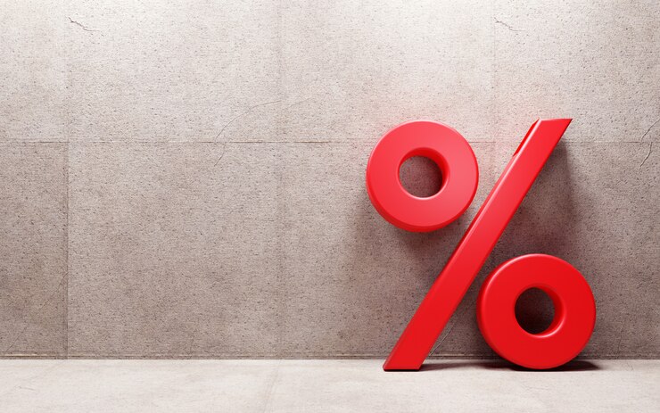 Photo percentage sign leaning on wall. 3d render