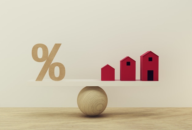 Percentage symbol icon and house scale in equal position. financial management  : depicts short term borrowing for a residence.