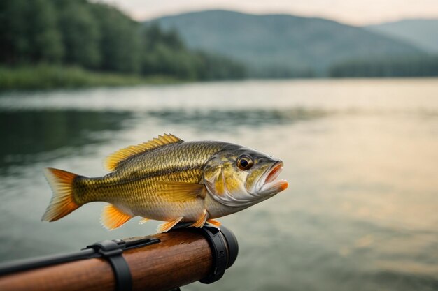 Perch on fishingrod on a blurred lake background ar c