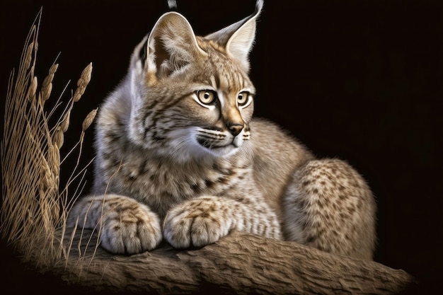 Perched on its paws grey brown bobcat with ears laid flat against head generative ai