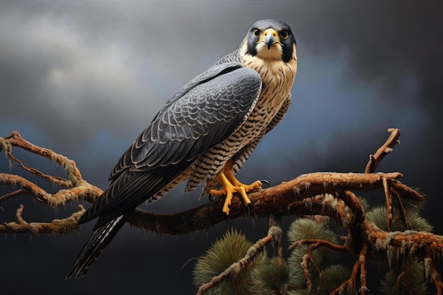 Perched Peregrine falcon sitting on tree branch Generate ai