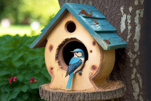 Perched on tree birdhouse with small round entrance