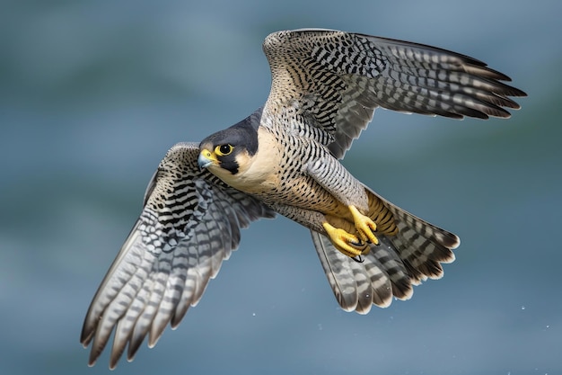 The Peregrine Falcon in full flight wings outstretched as it effortlessly slices through the air