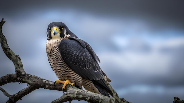 Photo a peregrine falcon sits on a branch.