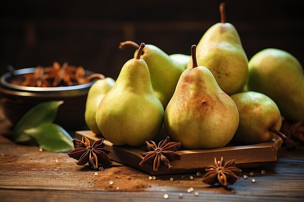 Peren en kaneel op een houten tafel