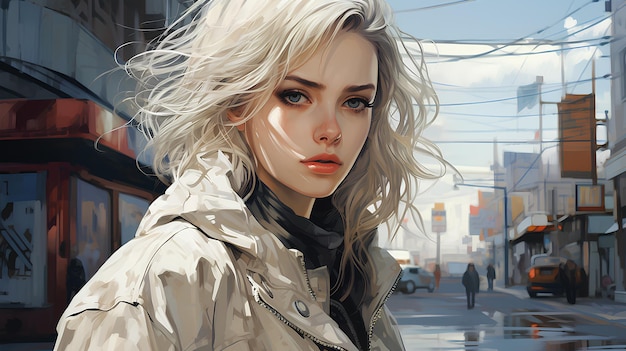 Perfect anime illustration extreme closeup portrait of a pretty woman walking through the city