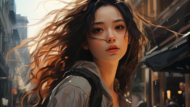 Perfect anime illustration extreme closeup portrait of a pretty woman walking through the city